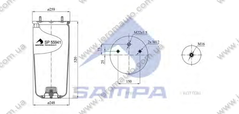 Пневморесора без склянки BPW, ROR 941MB/O (2 шп. M12 зміщені,1 отв.штуц. М22х1.5мм) (d259x527) \0542940030 \