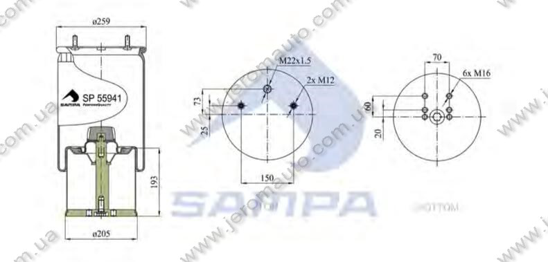 Пневморесора зі склянкою в зборі (сталь) BPW, ROR, 941MB (2 шп. M12 зміщені,1 отв.штуц. М22х1.5мм) (d275x445), фото 1