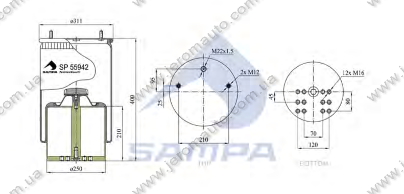 Пневморесора зі склянкою в зборі (сталь) 942MB, BPW 36-1 (2 шп.+повітр. / 12 отв.) (d340x490) \0542941690 \ SP, фото 1