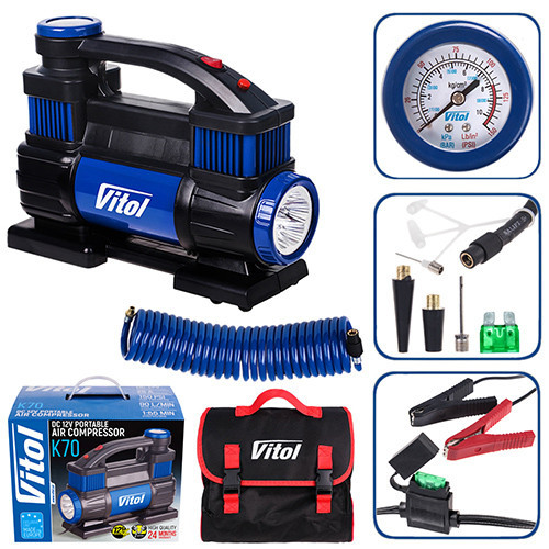 Компресор "ViTOL" K-70 150psi/23Amp/90л/2 циліндри/шланг 5,0 м/клемми (K-70)