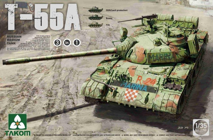 Т-55А 3 в 1 збірна модель середнього радянського танка 1/35 TAKOM TAK2056, фото 1