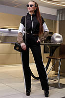 Модный брючный костюм в спортивном стиле с укороченной кофтой 42-48 размера черный 46