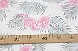 Лоскуток. Тканина бавовняна "Рожеві орхідеї та сіре листя" на білому 73*160 см, фото 5