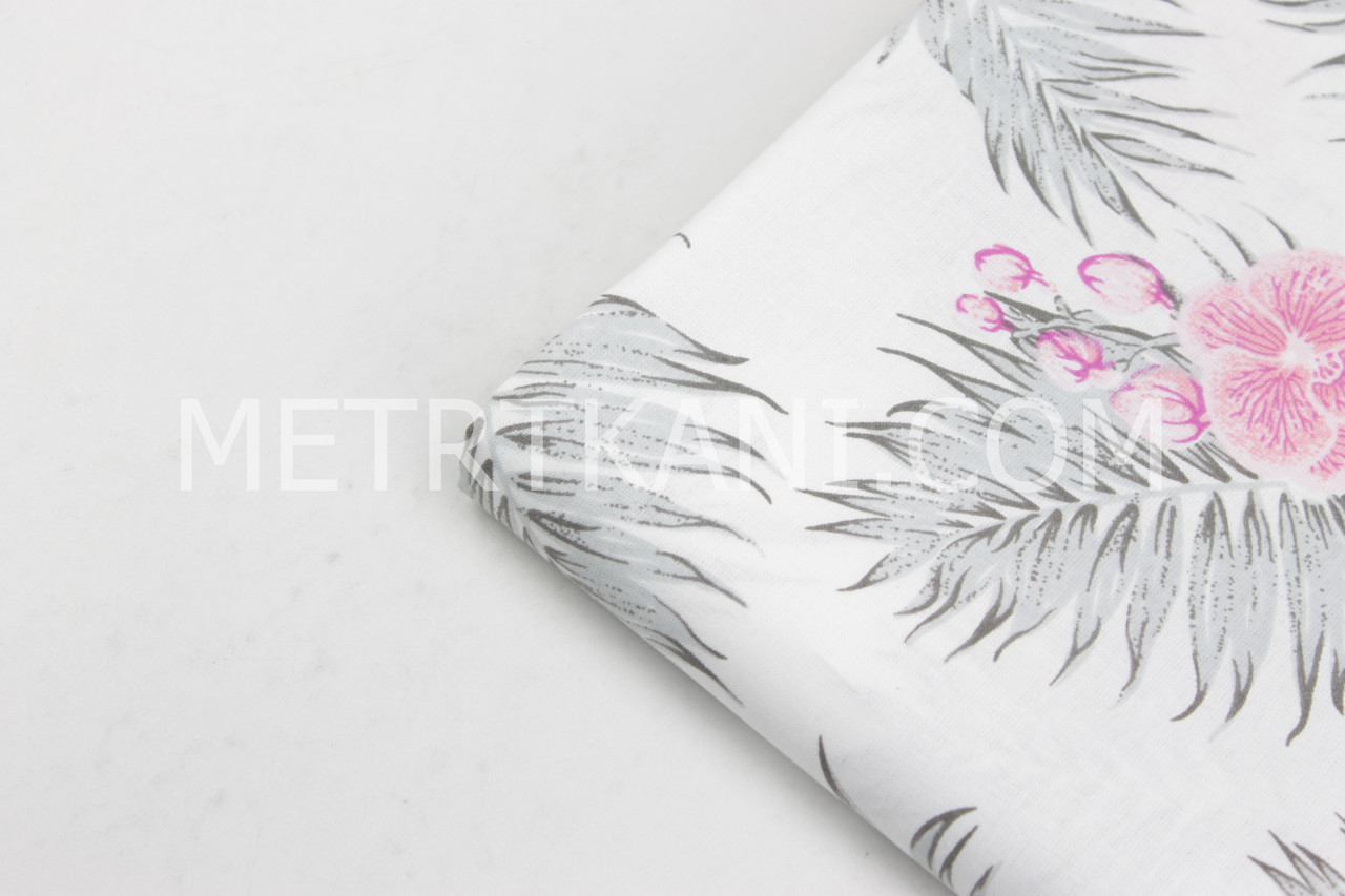 Лоскуток. Тканина бавовняна "Рожеві орхідеї та сіре листя" на білому 73*160 см, фото 1