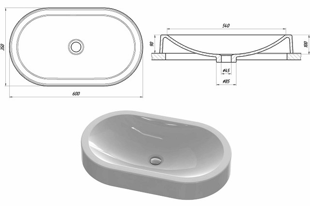 Черный овальный умывальник 600x350x90 Snail Олимпия 150А200