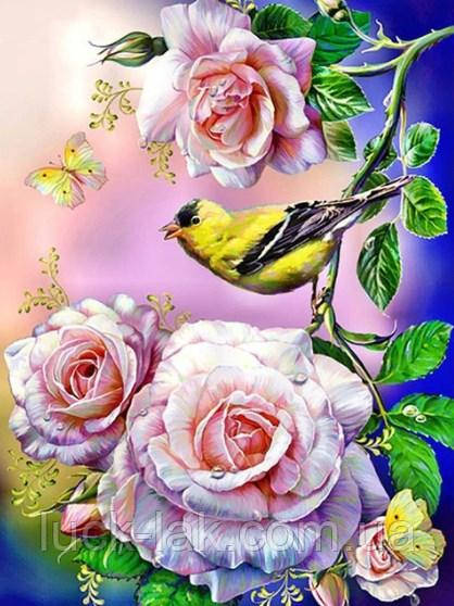 Алмазна вишивка, канарка в трояндах 20х30 см, квадратні стрази, повна викладка, фото 1