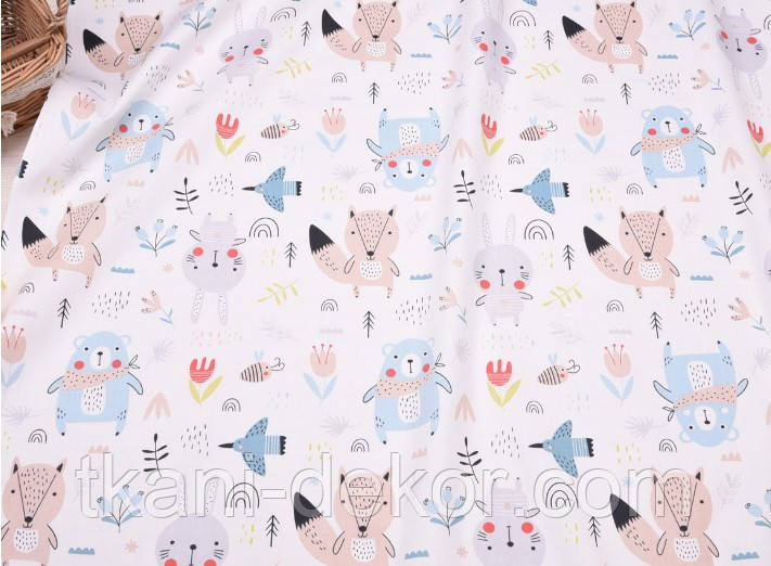 Сатин (бавовняна тканина) звірі лісові в блакитних кольорах (0,50*160), фото 1