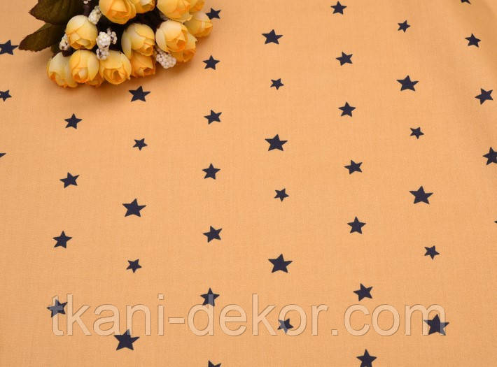 Сатин (бавовняна тканина) зірки чорні на гірчичному (нові) (0,90*160), фото 1