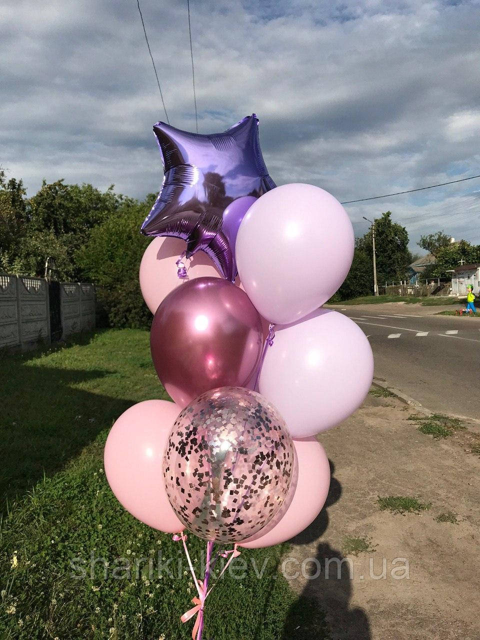 Связка из 11 шаров со звездой,шаром хром, шаром с конфети и латексными розовыми шарами