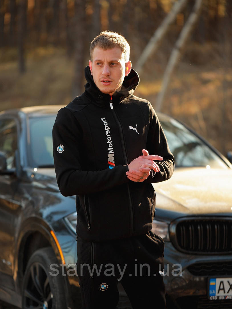 Спортивний чорний костюм на блискавці пума bmw з капюшоном логотип принт