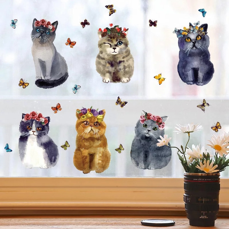 Вінілові наклейки на стіну Няшні коти в метеликах (лист 50 х 70 см) Б345