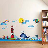 Вінілові наклейка на стіну, наклейки у ванну, у дитячій "Морі, маяк, кит" 104 см*62 см (лист50*70см)