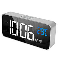 Годинник настільний електронний дзеркальний Losso Premium (BT) з LED підсвічуванням і термометром (срібло), будильник
