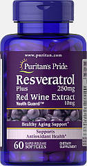 Puritan's Pride Resveratrol 250 mg plus Red Wine Extract, Ресвератрол (60 капс.)
