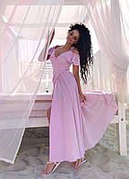 Легкое красивое женское платье длинное на запах с декольте розовое