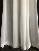 Тюль однотонний лляної високої якості з вишивкою 10 см знизу, на кухню, спальню, штори, пошиття