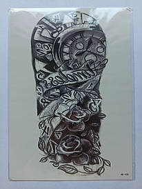 Флеш Тату. 21*15 См. Тимчасова, Перевідна. Квіти, Годинники, Троянда, Hb-458 4610, Ч/Б