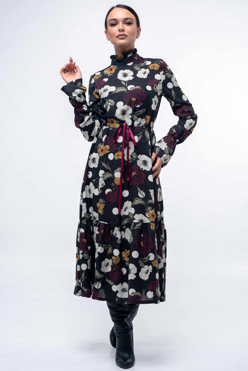 Романтичне плаття міді з довгим рукавом Рут в стилі бохо 42-52 розміри чорне, фото 1