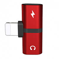 Переходник для iPhone 2 в 1 Double Lightning для зарядки и наушников Alitek Metal Red