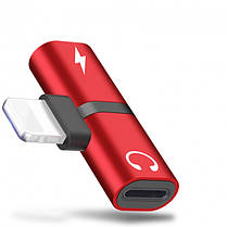 Перехідник для iPhone 2 в 1 Double Lightning для зарядки і навушників Alitek Metal Red, фото 2