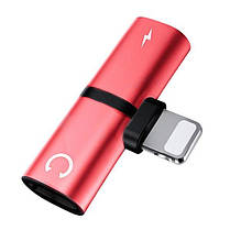 Перехідник для iPhone 2 в 1 Double Lightning для зарядки і навушників Alitek Metal Red, фото 3