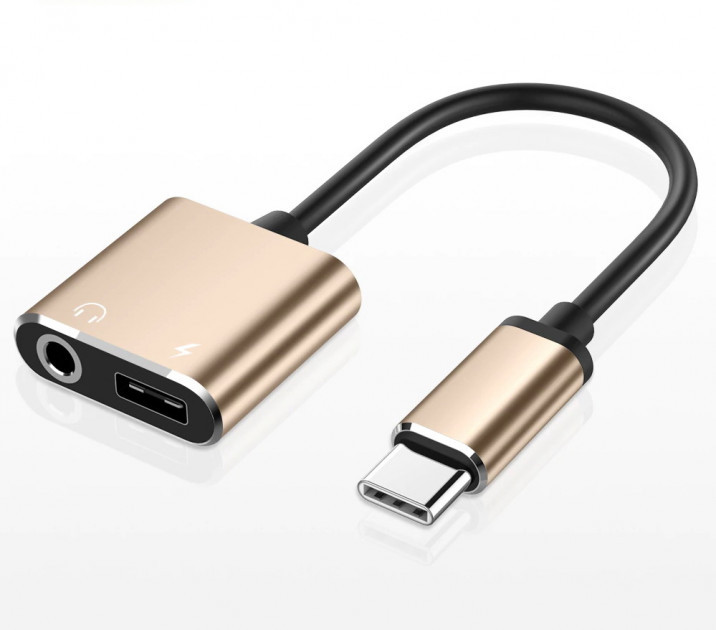 Адаптер перехідник Alitek USB Type-C (male) — 3.5 мм + USB Type-C (female) Gold