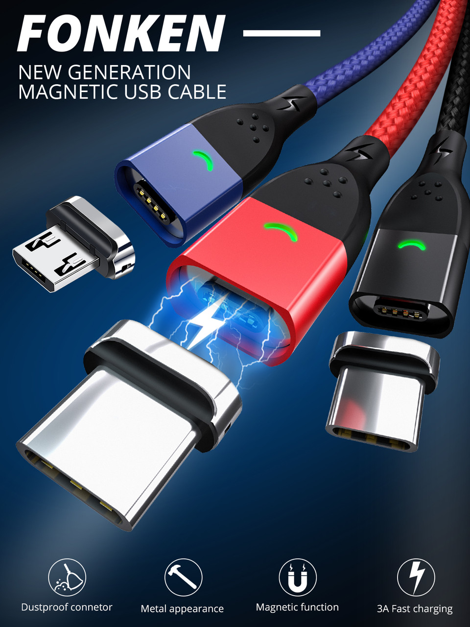 Магнитный кабель Fonken Essager 3A - Передача данных + быстрая зарядка Lightning Micro USB Type-C (1 на выбор) - фото 4 - id-p1127431094