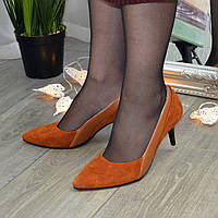 Туфли женские рыжие на маленькой шпильке, натуральная замша и кожа