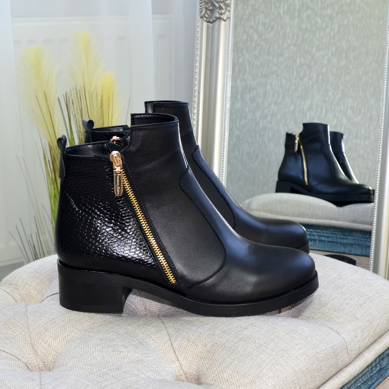 Женские полуботинки на невысоком каблуке, две молнии, натуральная кожа ...