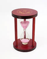 Песочные часы 5 минут на круглой подставке темного дерева розовый песок