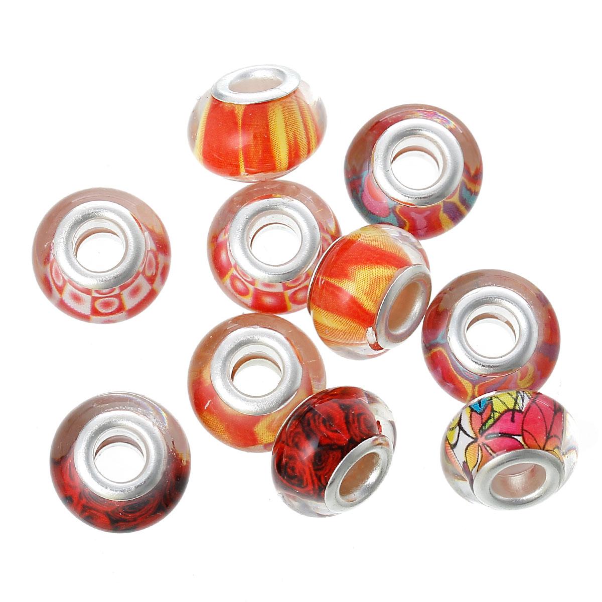 Намистина, Смола, 14 мм x 10 мм,Різнокольоровий візерунок,Придатні для Пандора, Отвір: близько 5 мм, Упаковка: 10 шт.
