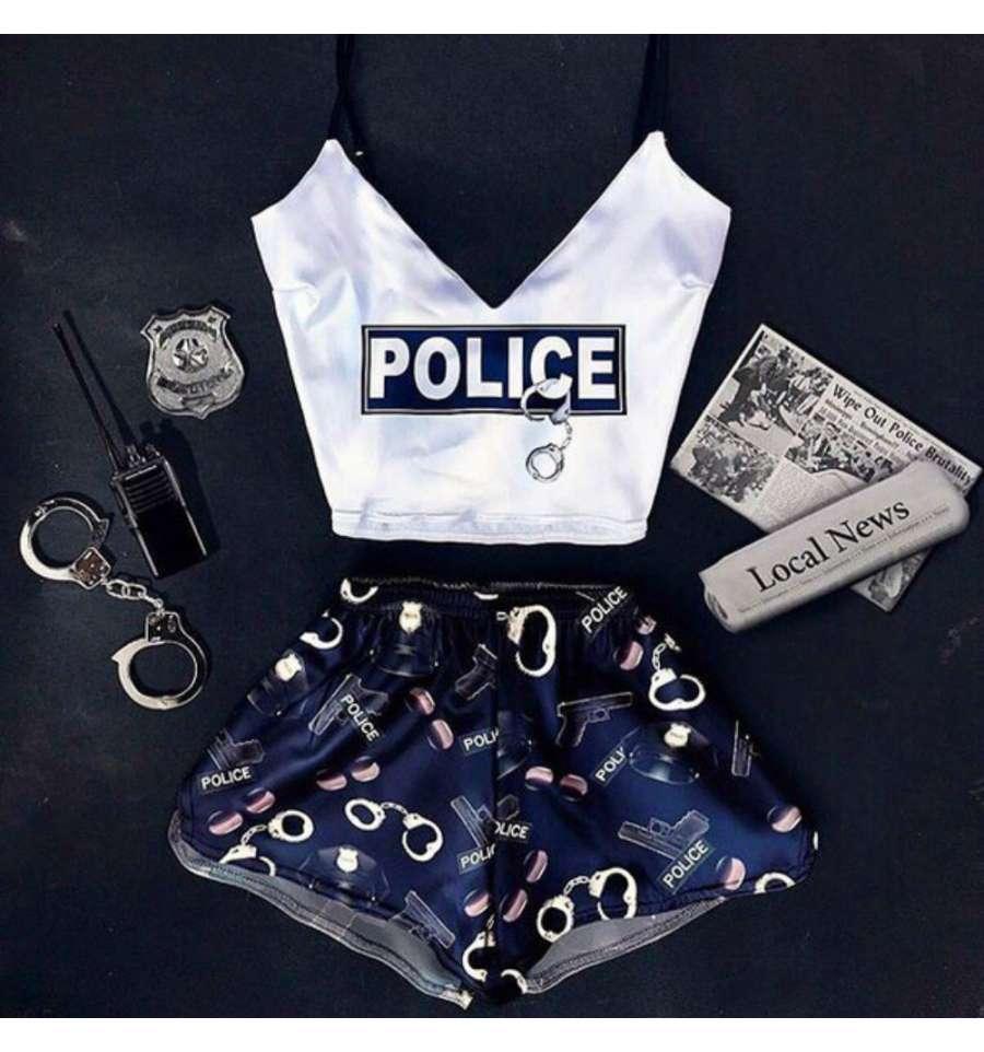 Атласна шовкова піжама жіноча з шортами, комплект майка + шорти з принтом Поліція