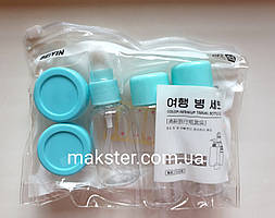 Дорожній набір ємностей для косметики 7 предметів в прозорій косметичці Блакитний