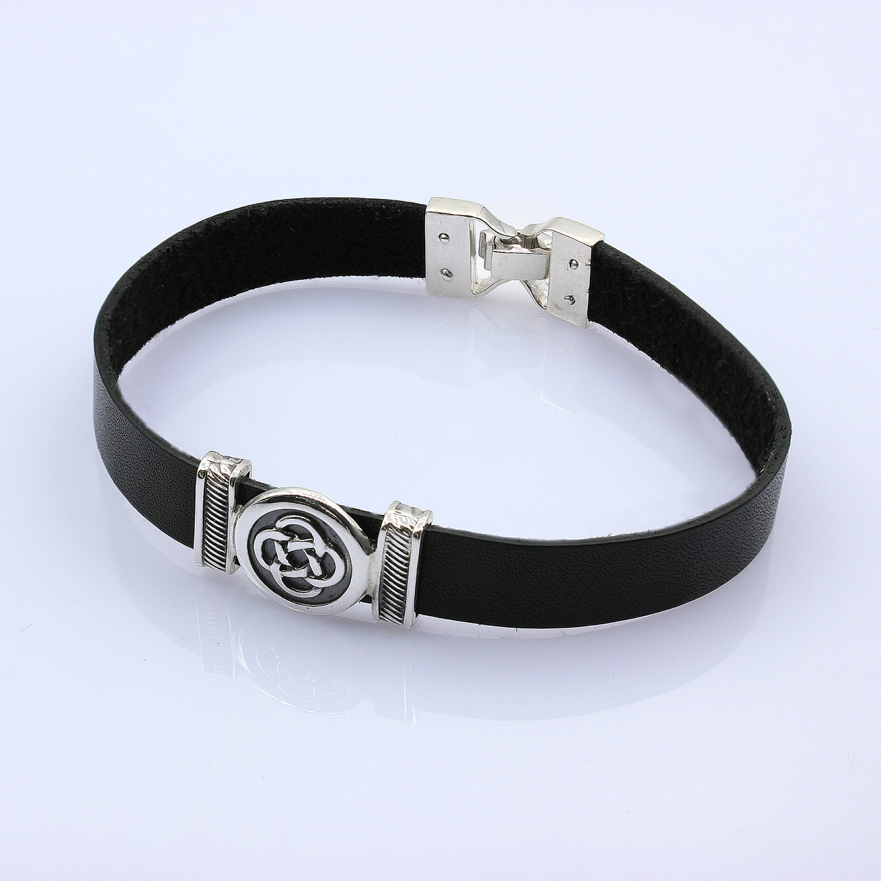 Срібний браслет на шкірі Вузол удачі, фото 1