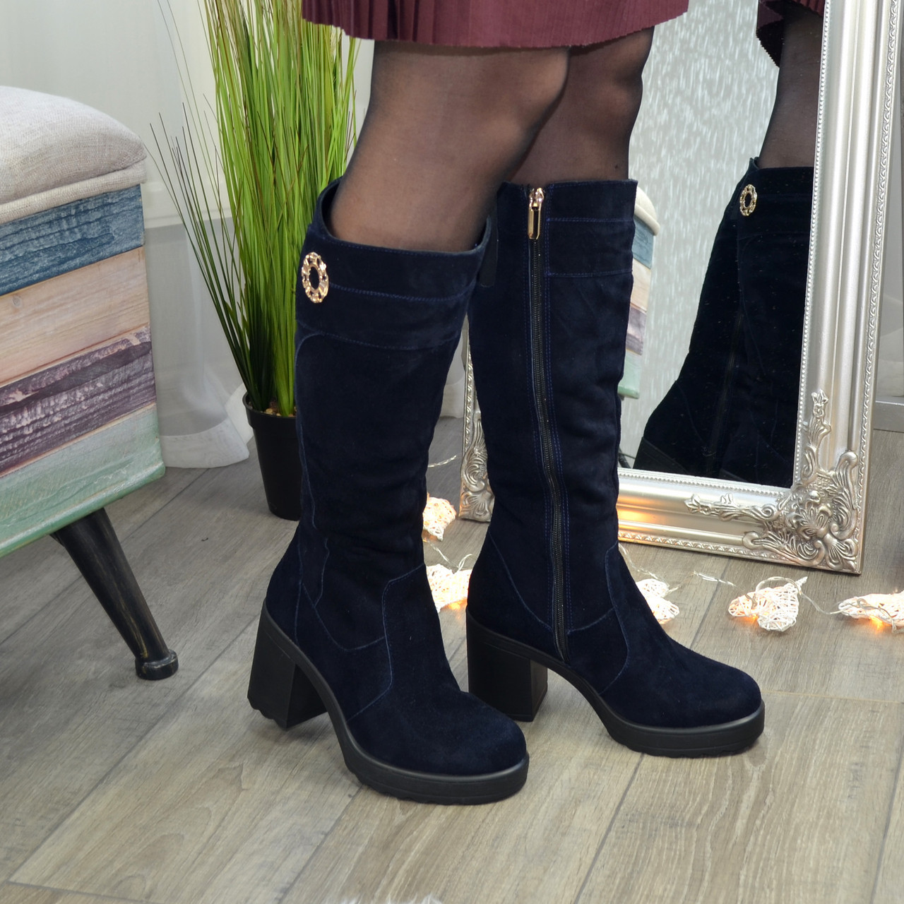 Жіночі сині замшеві чоботи. 37 розмір, фото 1