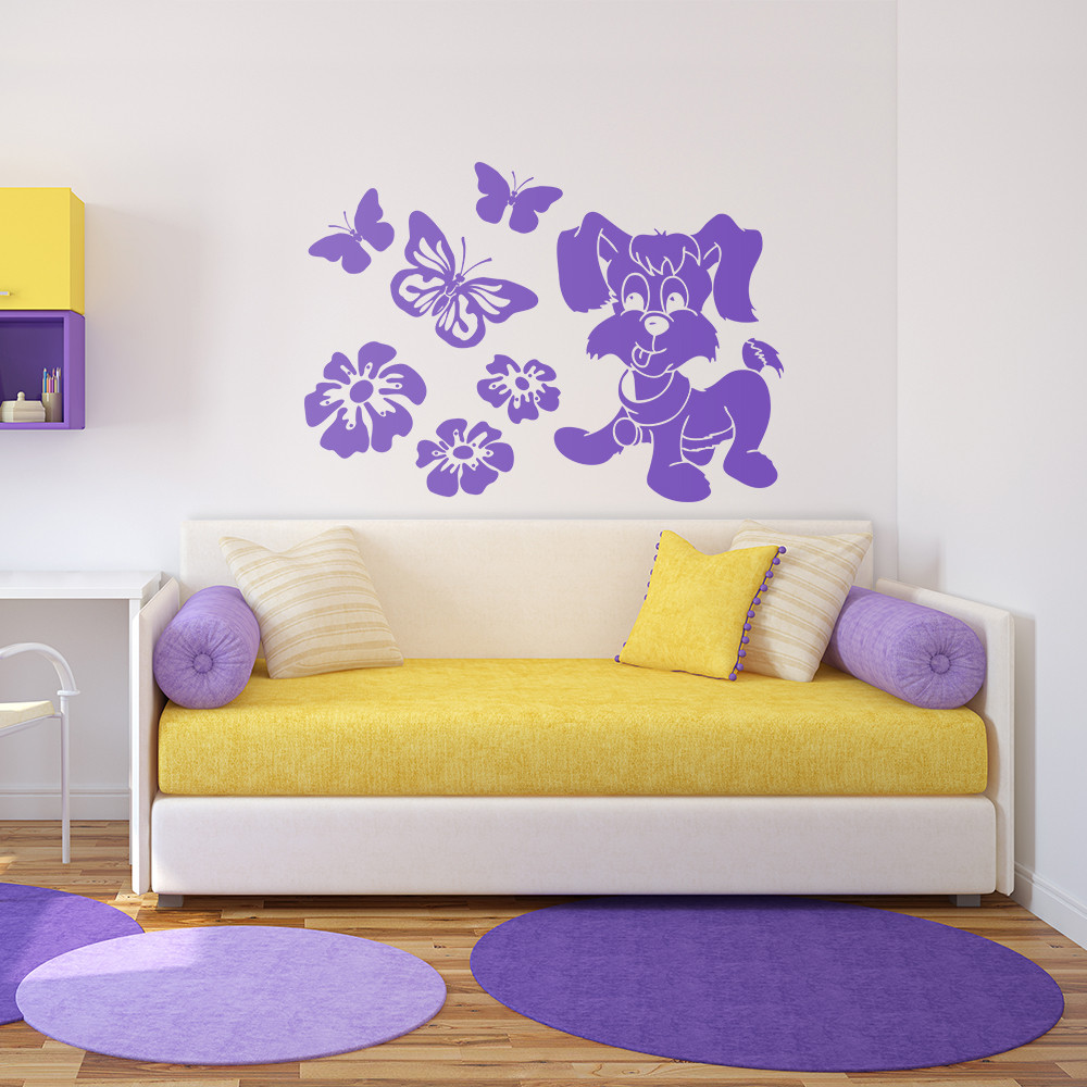 Трафарет собачка з метеликами на стіну в дитячу кімнату, вітальню, спальню, передпокій  одноразовий самоклеючий