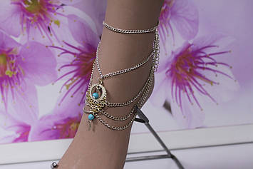 Стильний браслет на ногу сріблястий з блакитними намистинами