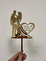 Топпер фигурка на торт зеркальный двусторонний "Свадебная пара с кольцами Mr & Mrs" Manific Decor Срібний