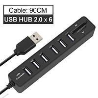 USB Hub Combo + Card Reader SD/TF 6 портов, USB 2.0, Черный