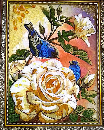 Картина квіти "Сині птахи на троянді" з бурштину - гарний подарунок, фото 2