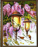 Оригинальная янтарная картина "Фонарики с сиреневыми цветами" - красивый подарок