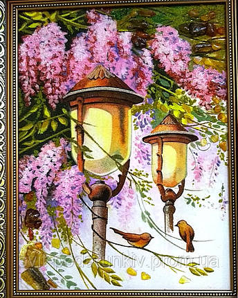 Оригінальний подарунок красивий бурштинова картина "Фонарики з бузковими квітами", фото 2