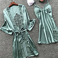 Комплект шелковый пеньюар и ночная рубашка зеленый размер 46