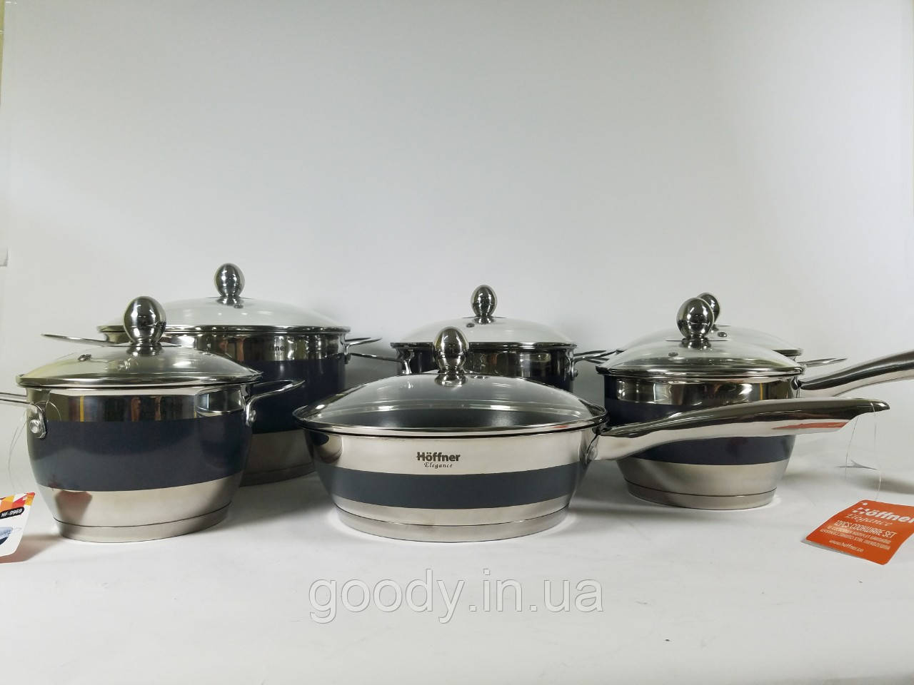 Набір кухонного посуду Hoffner 9969- (Silver) 12 елементів каструлі, сковорода, кухлик
