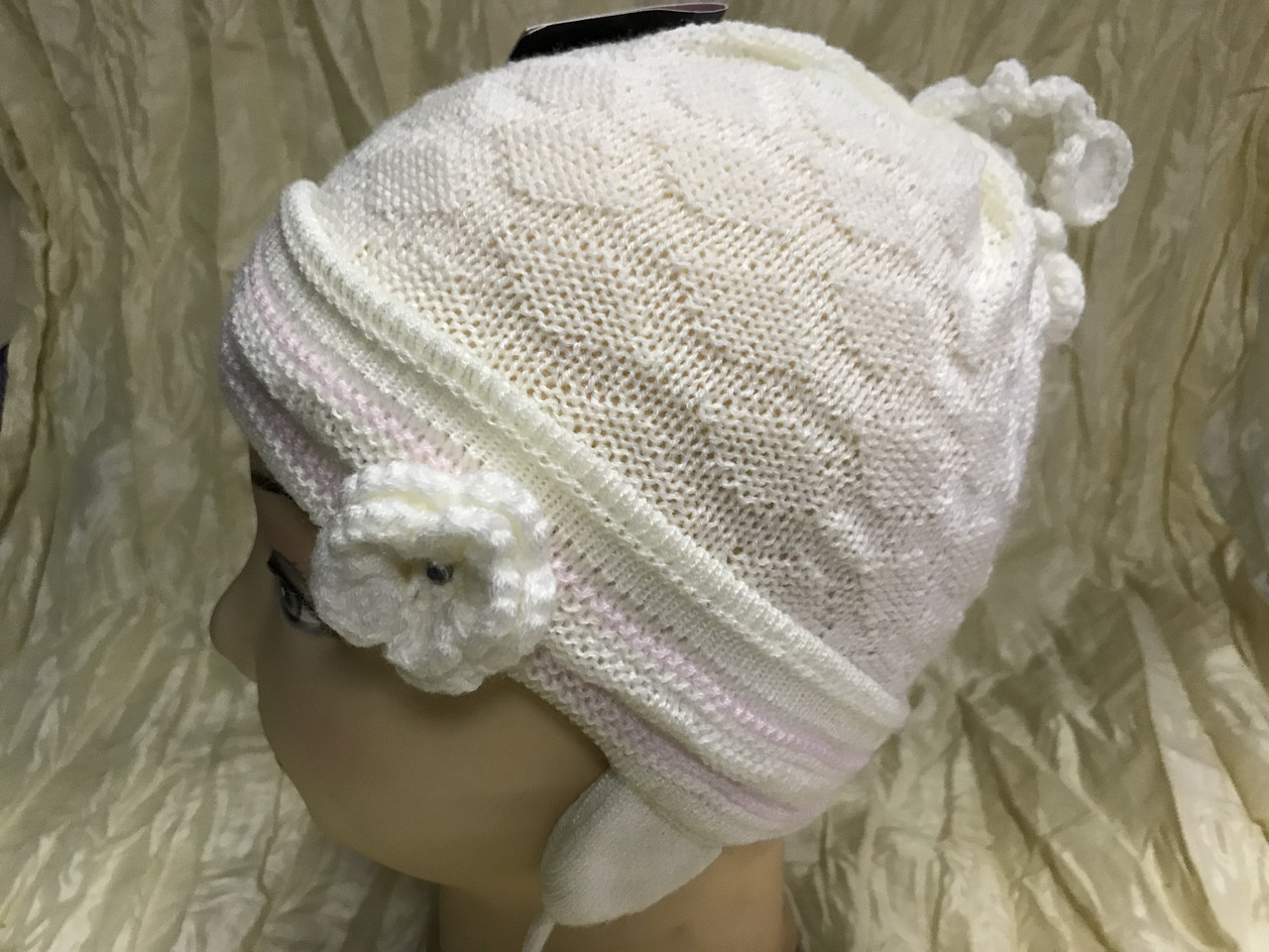 Одинарна біла шапочка з вушками на 1-2 роки - фото 1 - id-p1128825945