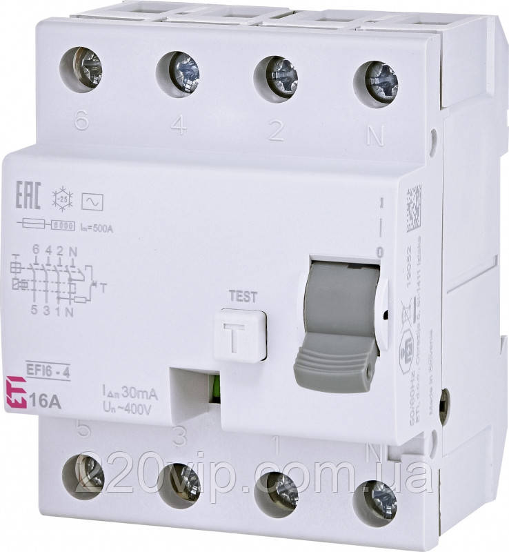 ПЗВ EFI6-P4 16/0,03 тип AC (6kA) ETI, 2061650, пристрій захисного вимкнення, дифрефреле, диференціальне реле