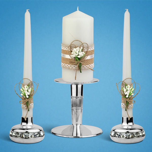 Набір весільних свічок "Рустик", білий колір прикраси (арт. KL-01)