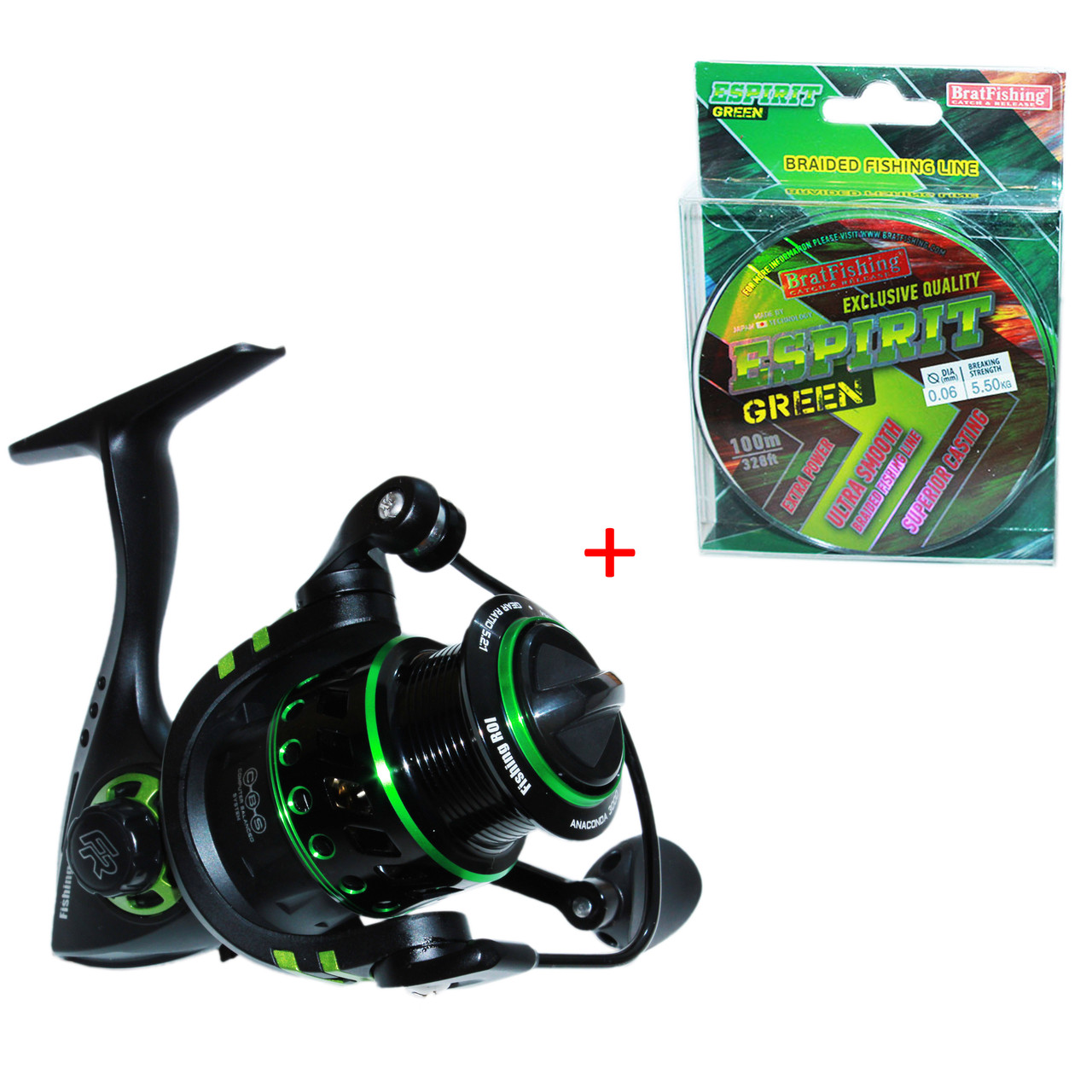 Котушка Fishing ROI Anaconda 2000 FD (5+1) + Шнур Риболовний BratFishing Espirit Green (8 жил)