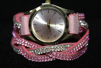 Розкішні рожеві жіночі годинники намотування ремінець з камінням