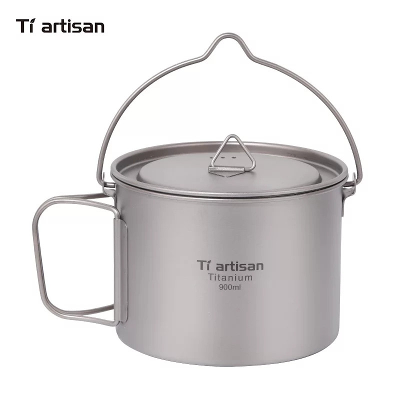 Туристичний титановий казанок Tiartisan 900 мл зі складними ручками та підвісом над багаттям для кемпінгу туризму та походу